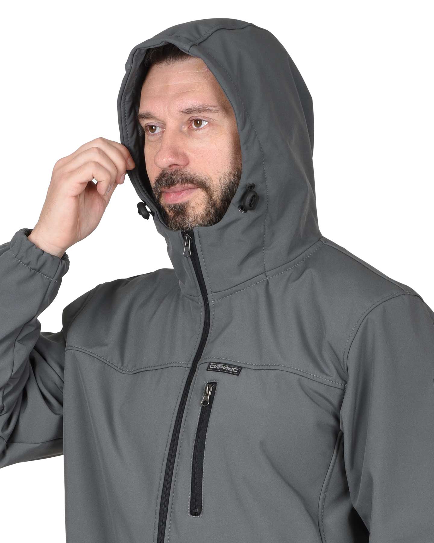 Куртка СИРИУС-АЗОВ с капюшоном серая, софтшелл, 350 г/м2 — изображение 3