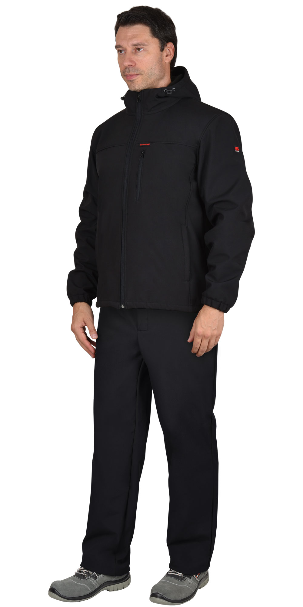 Костюм СИРИУС-АЗОВ с капюшоном черный софтшелл, 350 г/м2