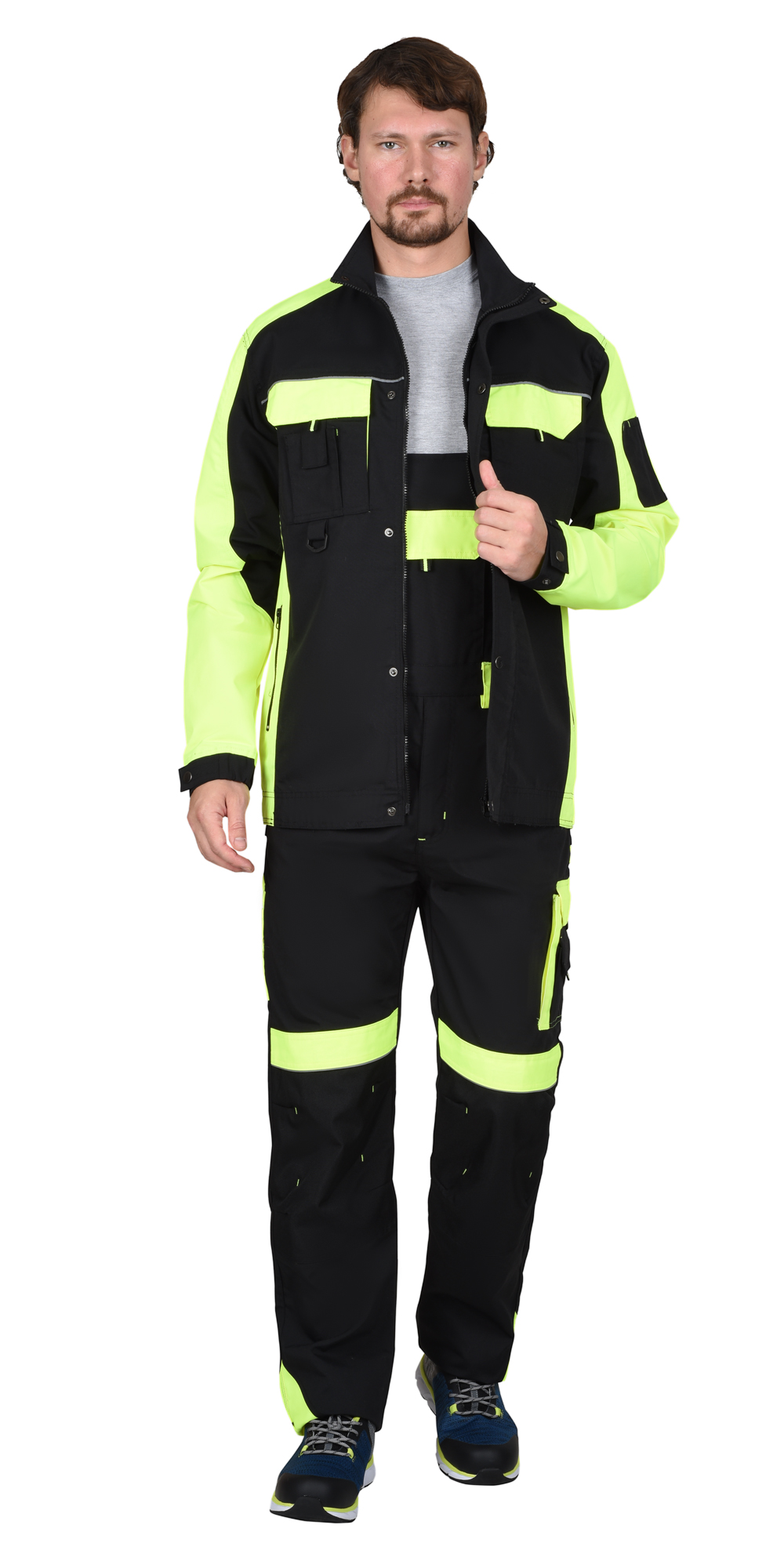 Костюм СИРИУС-ОНИКС куртка, п/к, черный с лимонным, 255 г/м2, 65%ПЭ, 35%ХБ
