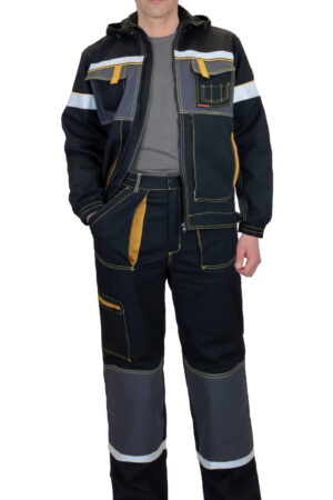 Костюм СИРИУС-РОДОС куртка, брюки, черный с темно-серым, 255 г/м2, 65% ПЭ, 35% ХБ