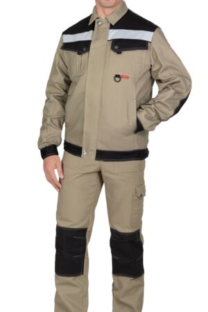 Куртка СИРИУС-ВЕСТ-ВОРК короткая, бежевая с черным и СОП, 280 г/м2, 65% ПЭ, 35% ХБ